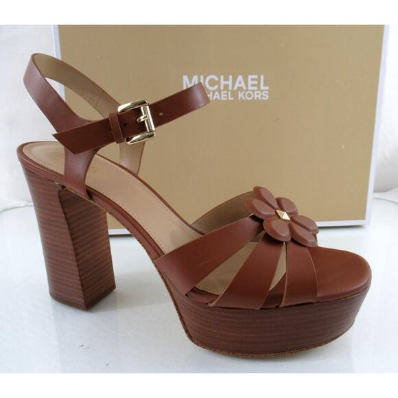 Michael Kors Nellie Platform High Heels Sandals Leather Luggage Tan Size 9 - Picture 1 of 9